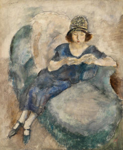 Jules Pascin - Girl in Blue Dress on Sofa, Reading (Jeune fille a  la robe bleue lisant sur un divan), c. 1922